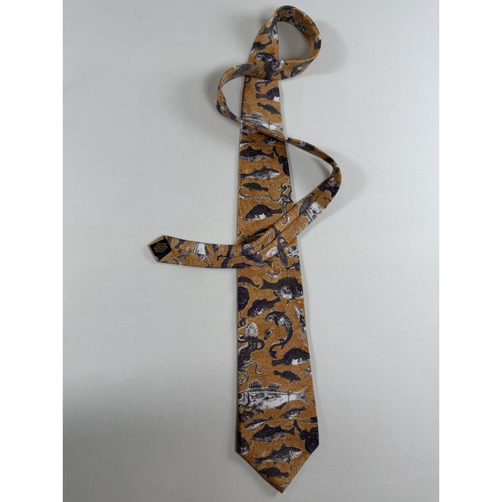 Vintage Audrey Buchner Men's Tie 100% Silk Mustard Color With Fish Decal